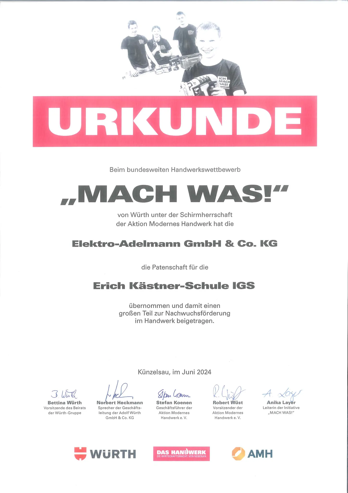 Würth Urkunde MACH WAS! Handwerkswettbewerb für Elektro-Adelmann